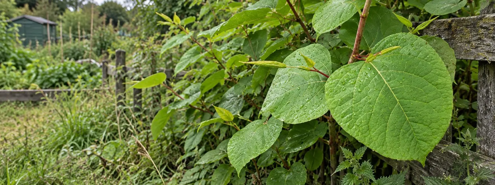 A stand of Japanese knotweed growing in an allotment garden.