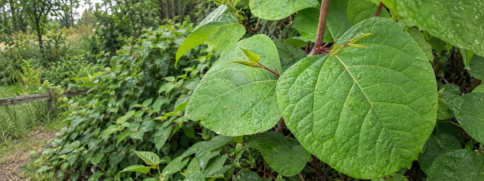 Japanese knotweed showing the zig-zag cane speckled with red and the shovel-shaped leaves.