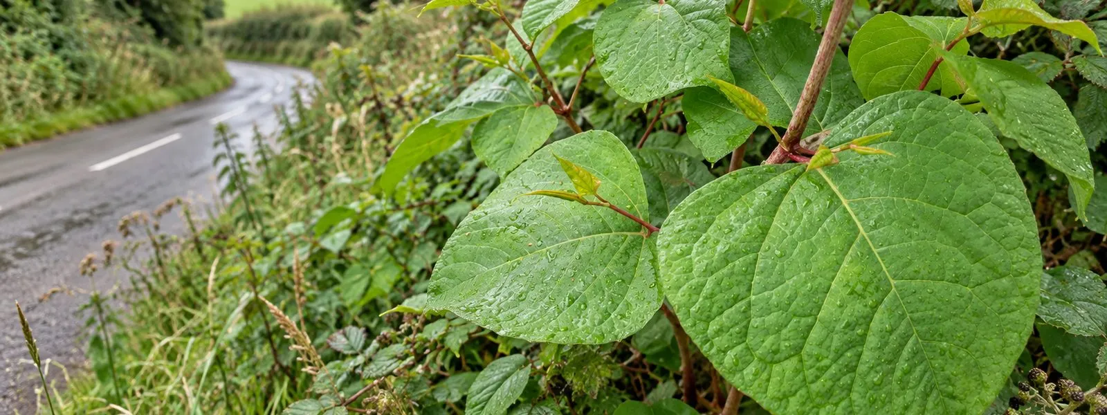 Japanese knotweed growing along a roadside verge.